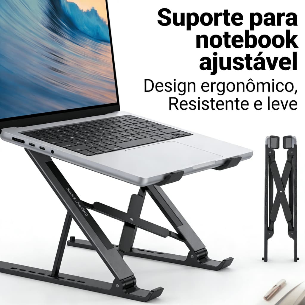 Suporte para Notebook Articulado-ABS Ajustável, Compacto e Ergonômico-Ideal para Home Office, Cooler e Melhoria Postural