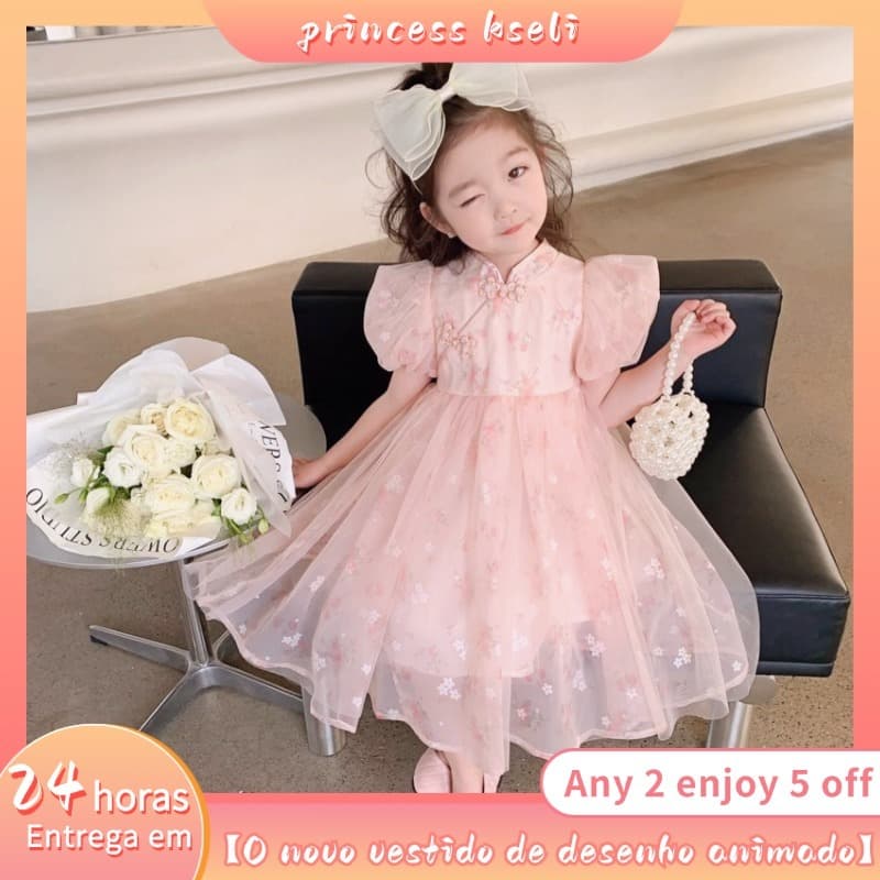 PRINCESSKESLI  Vestido retrô estilo princesa, manga curta, em tule, com estampa diagonal de botões, para meninas