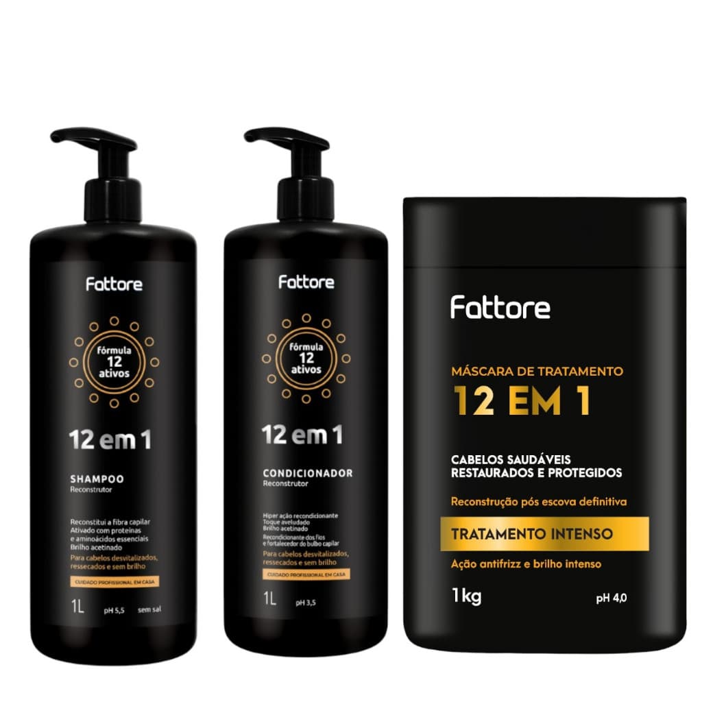 KIT FATTORE 12 EM 1 - SHAMPOO + CONDICIONADOR 1L + MÁSCARA 1KG