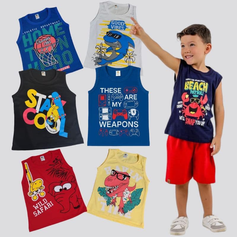 Kit 5 Regatas Infantis Masculinos – Tamanhos 2, 4, 6 e 8 Anos