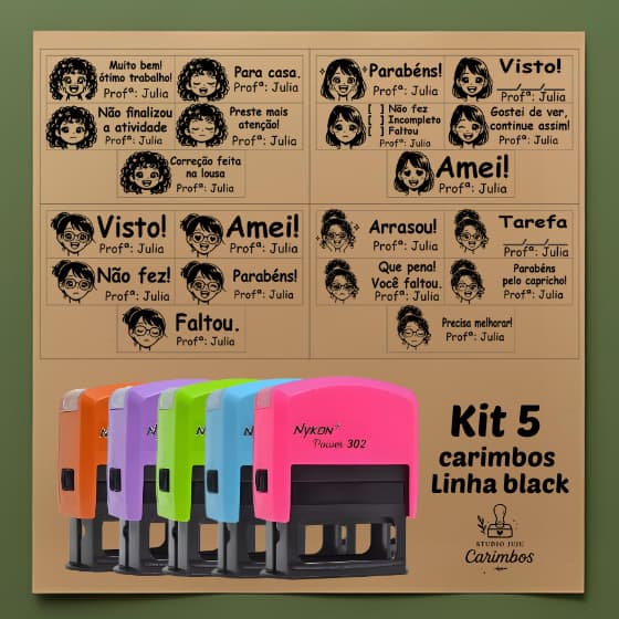 kit com 5 carimbos pedagógicos / professores com bonequinha da professora - Personalizado Nykon linha black 302