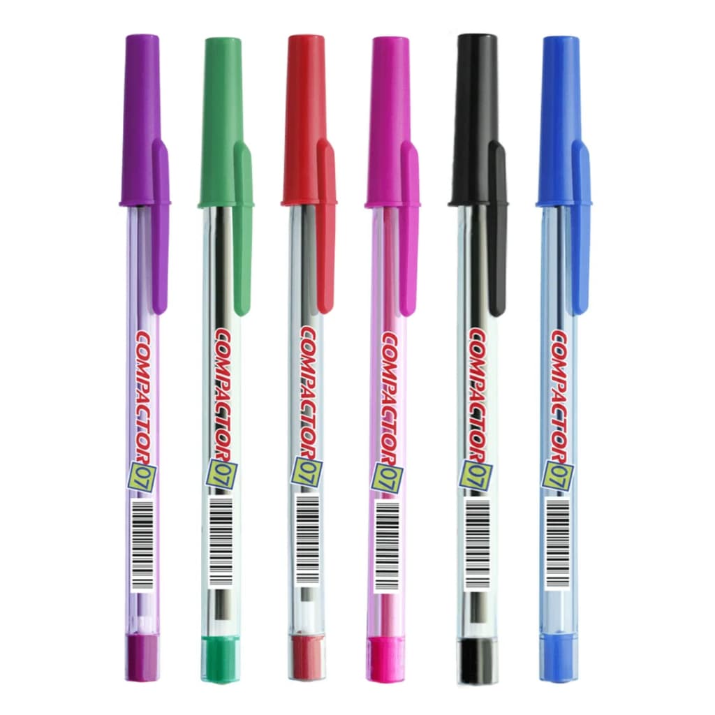Kit Caneta Compactor Escrita Fina Coloridas Corpo Transparente - Azul Preta Vermelha Verde Rosa Roxa