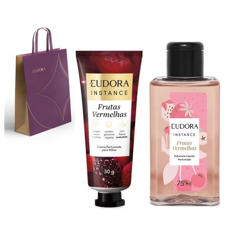 KIT FRUTAS VERMELHAS INSTANCE SABONETE 75ML+CREME DE MÃOS 30G + SACOLA PRESENTE Tamanhp de bolsa