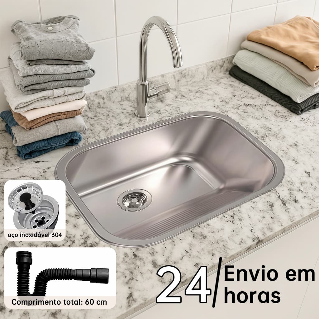 Tanque Lavanderia  Inox 304  55 X 45 Com Válvula Aço acabamento acetinado