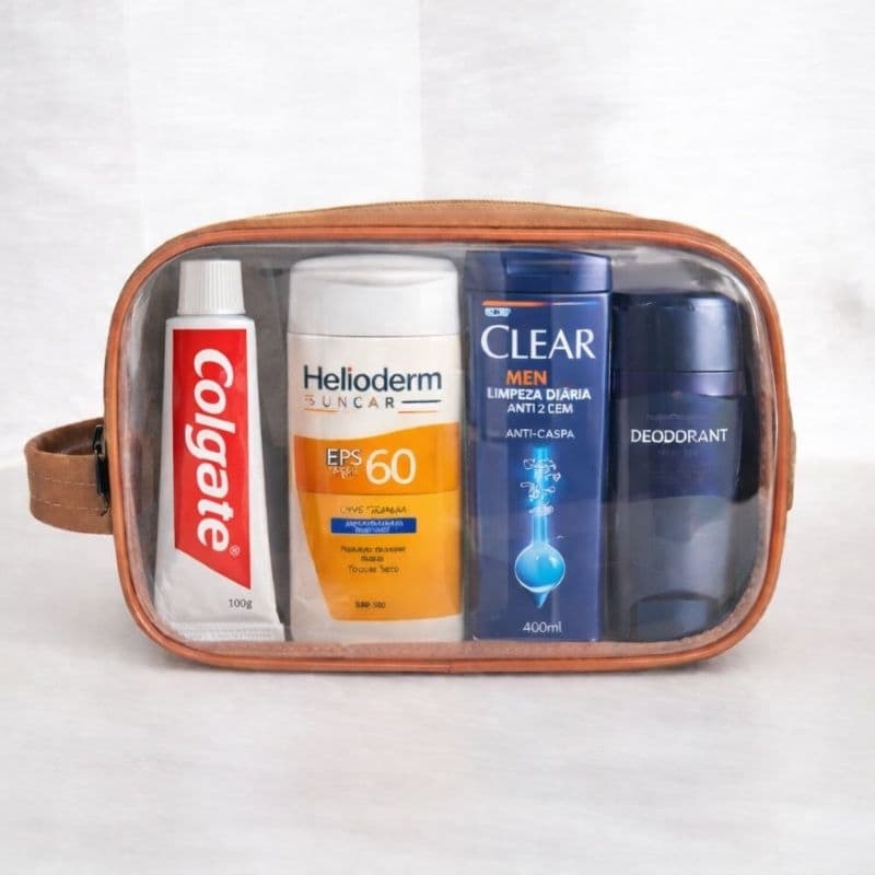 Bolsa Nécessaire Organizadora Transparente para viagem em couro sintético