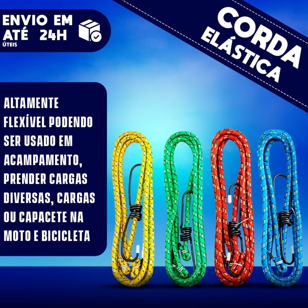 Corda Elástica Para Bagageiro Cordas de 1,20mt, 1,50mt ou 2,00mt P/ Moto ou Bike Resistente Estique