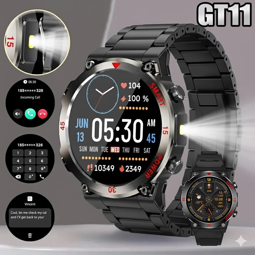 2026 Novo GT11 Relógio inteligente Bluetooth, relógio esportivo com lanterna 1.5 inches smartwatch