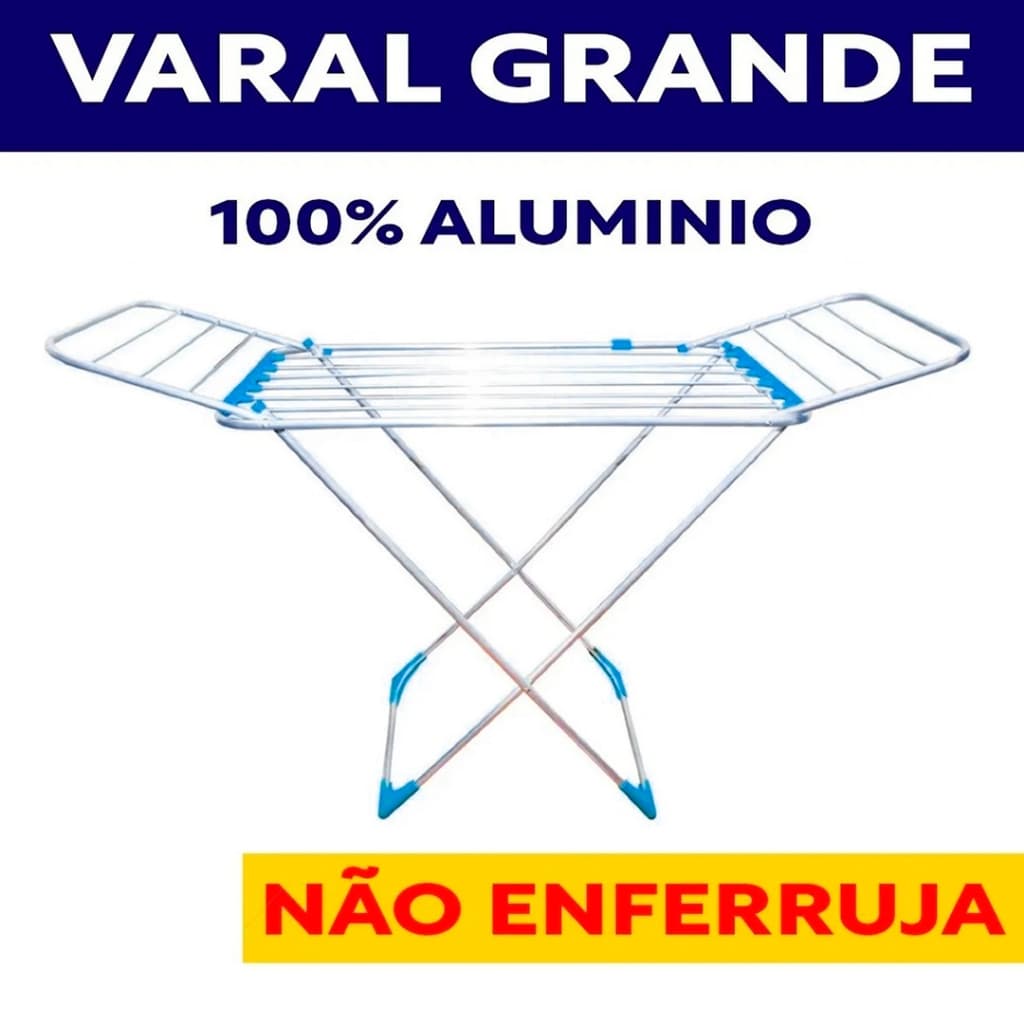 Varal Para Roupas De Chão 100% Alumínio Grande Reforçado Com Abas Dobrável Retrátil Resistente