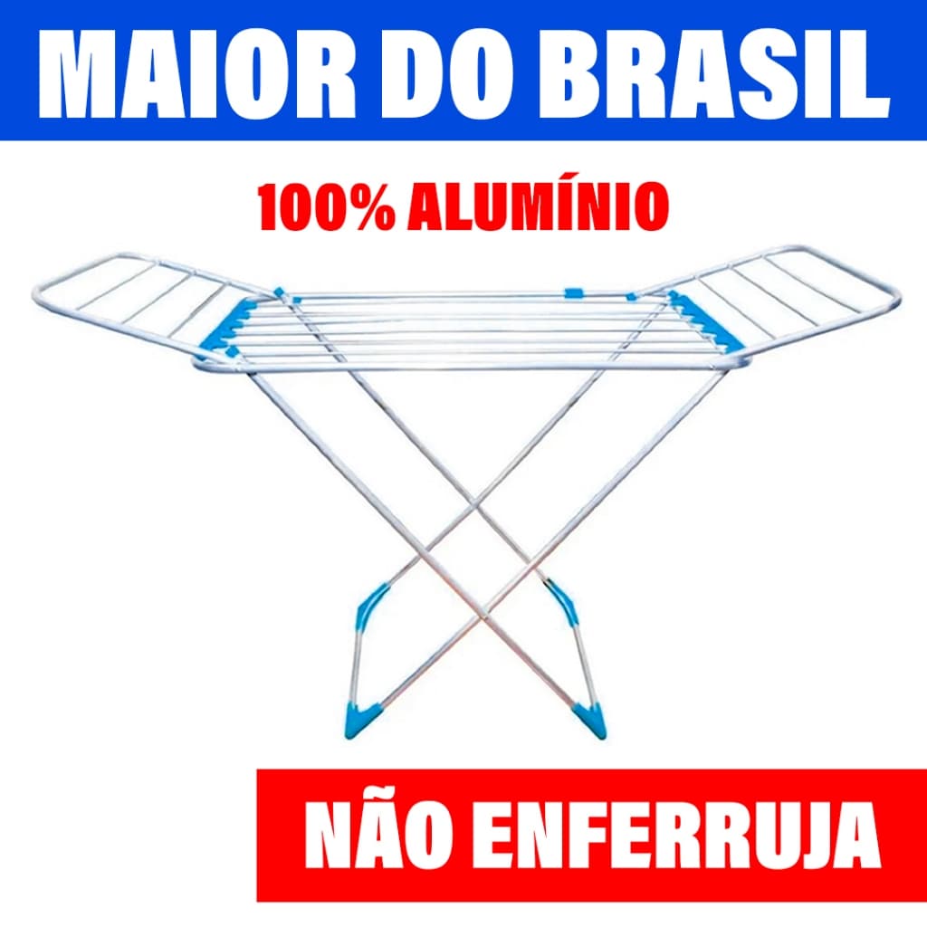 Varal Gigante 174cm Chão 100% Alumínio Dobrável Abas Super Resistente Antiferrugem Grande Extensível