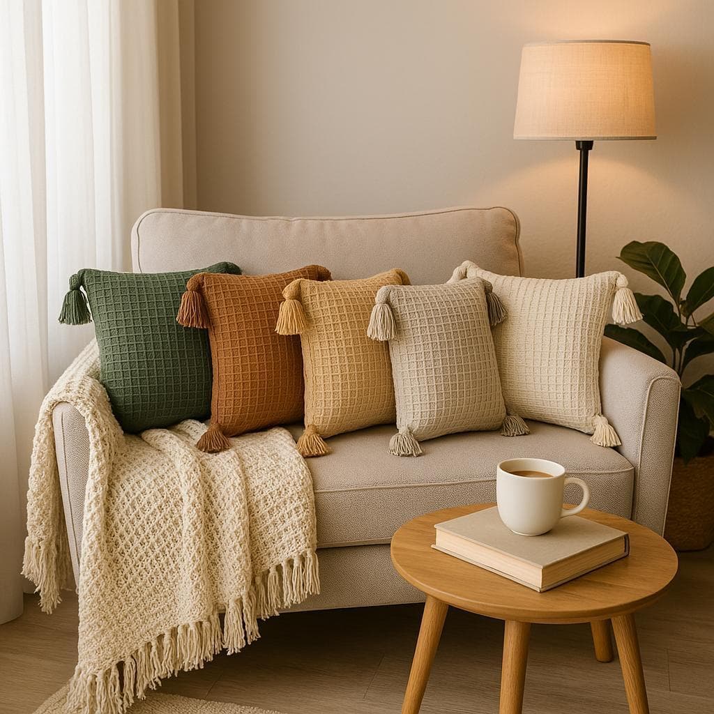 Capa De Almofada Boho Chic 45x45 Pompom Piquet Cru Algodão - Para Deixar Sua Casa Mais Estilosa