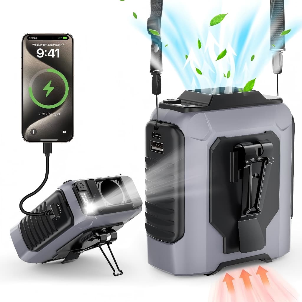 Ventilador de Cintura Recarregável - Bateria Grande Capacidade, Tela Digital, Lanterna LED, Mão Livre para Exterior