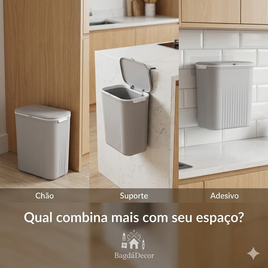 Lixeira Suspensa 9L 3 em 1 + Opção 15L de Chão com Tampa Click para Cozinha, Banheiro e Escritório✅
