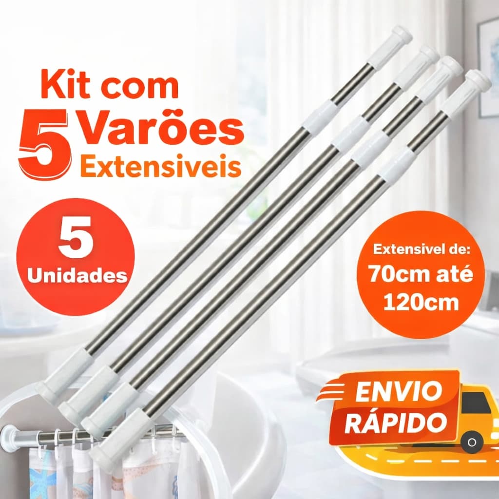Kit com 5 Varão Extensível Resistente Em Inox Porta Cortina Box Banheiro Multiuso Alta qualidade