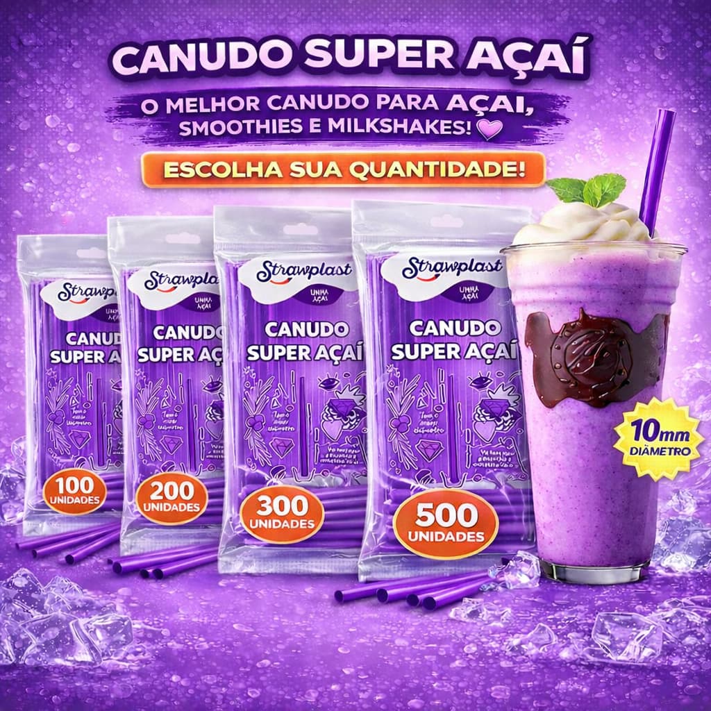 Canudo Super Açaí 10mm Roxo C/ 100, 200, 300 e 500 Un | Ideal para Açaí e Milk Shake (Strawplast)