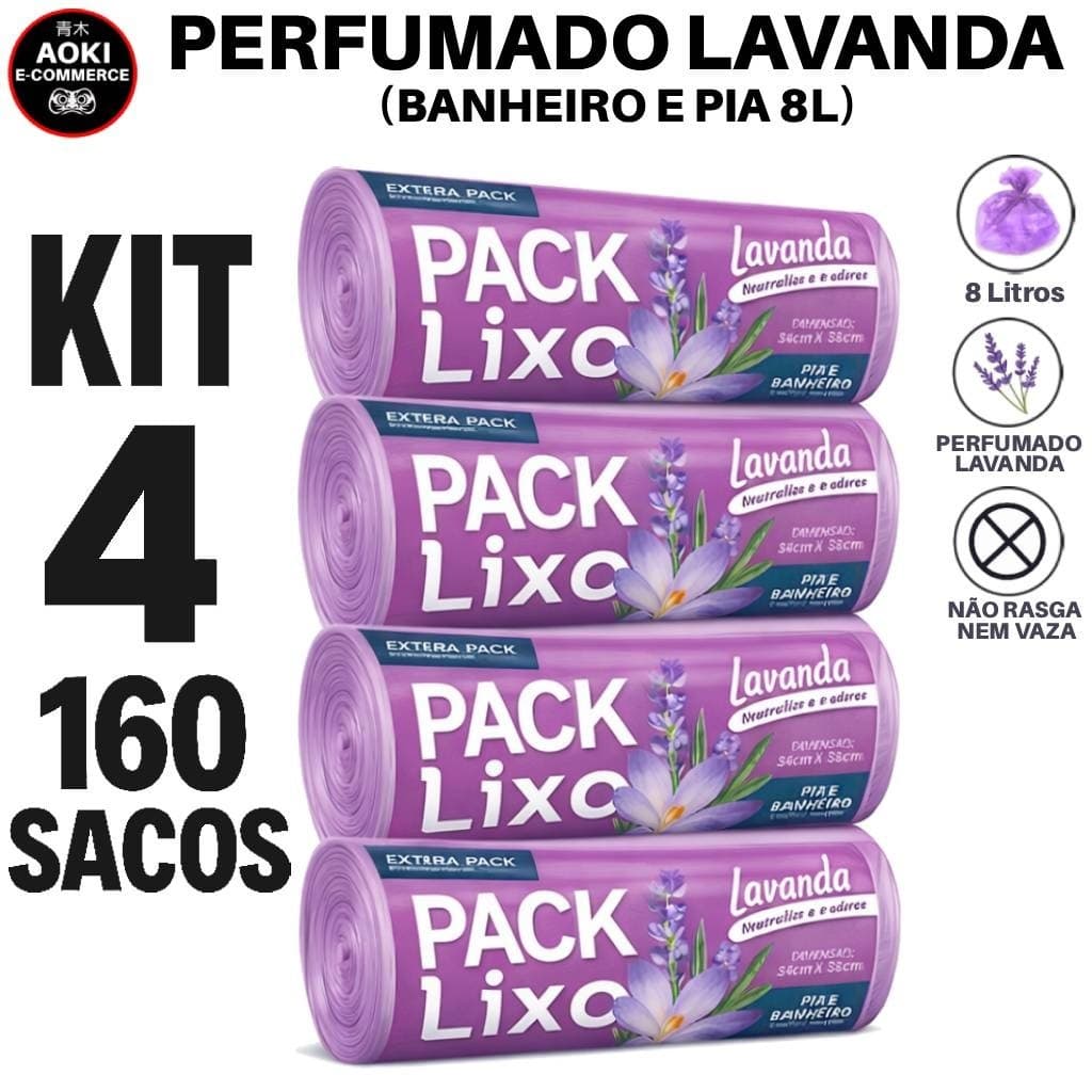 Kit 4 Saco de Lixo Lavanda 8L 160 Sacos Banheiro Pia Reforçado Anti-Odor Não Vaza