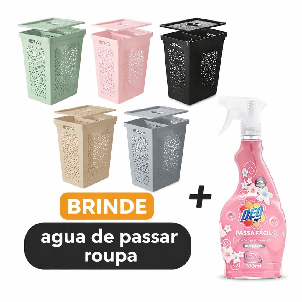Cesto Organizador para Roupas Sujas Limpas Tampa 55 Litros e Cesto Interno 6 Litros UZ Uilidades + Agua de Passar Roupa