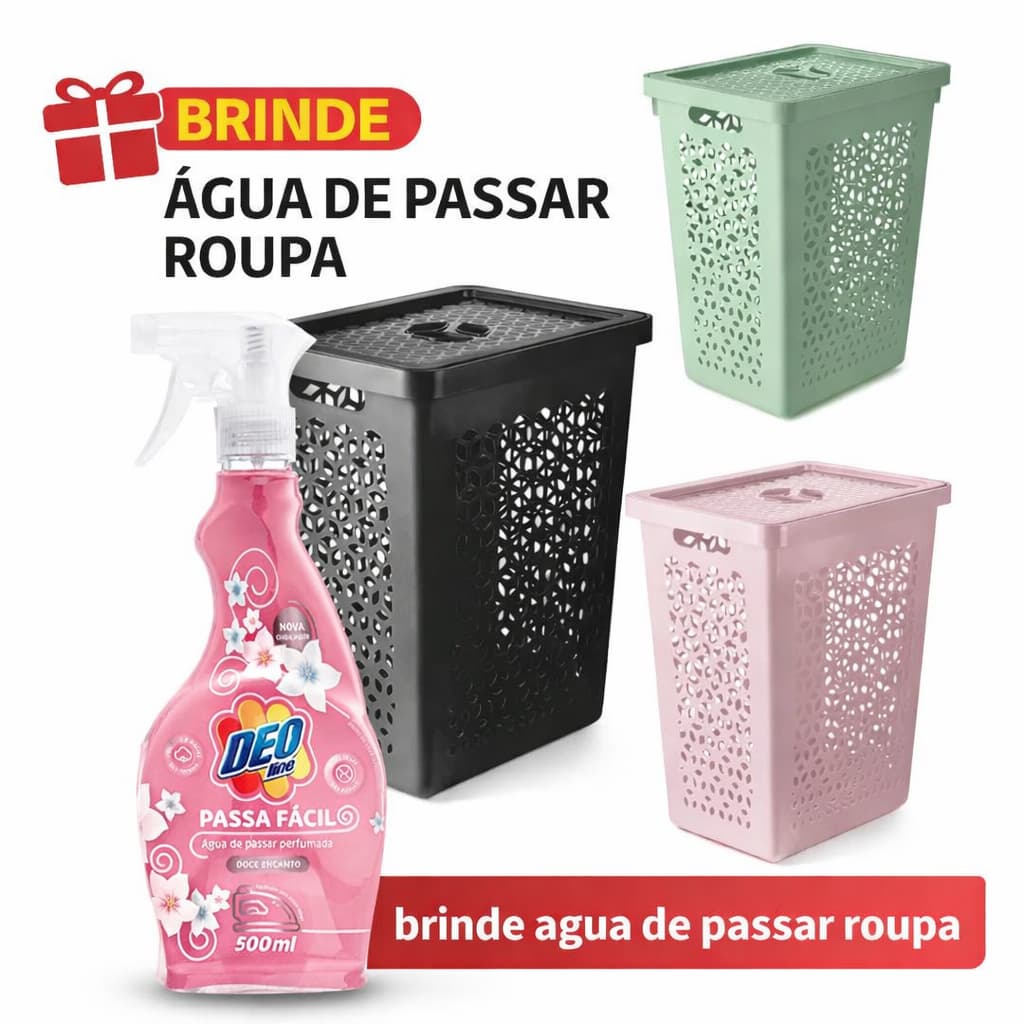 Cesto Organizador Lavanderia para Roupas Sujas Limpas Com Tampa 55 Litros UZ Utilidades + Agua de Passar Roupa Perfumada