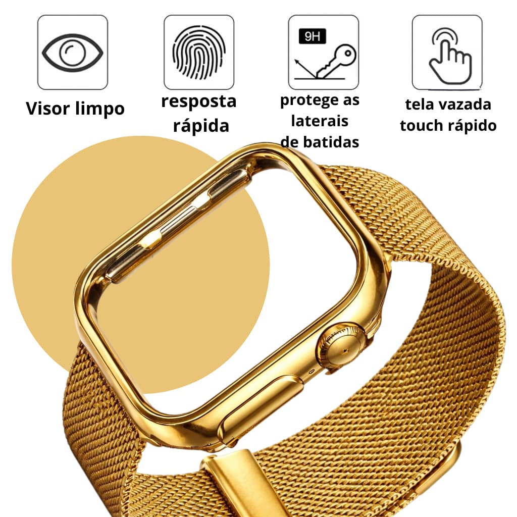 Capa Case DOURADO Protetor Relogios Vazada TPU + Pulseira Magnetica Milanês Para Apple Watch 4/41/42/44/45/46/49mm