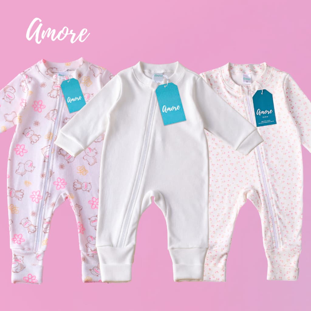 Kit 3 Macacão Bebê Confortável Amore Vira Pé com Ziper Amiguinha Floral 100% Algodão