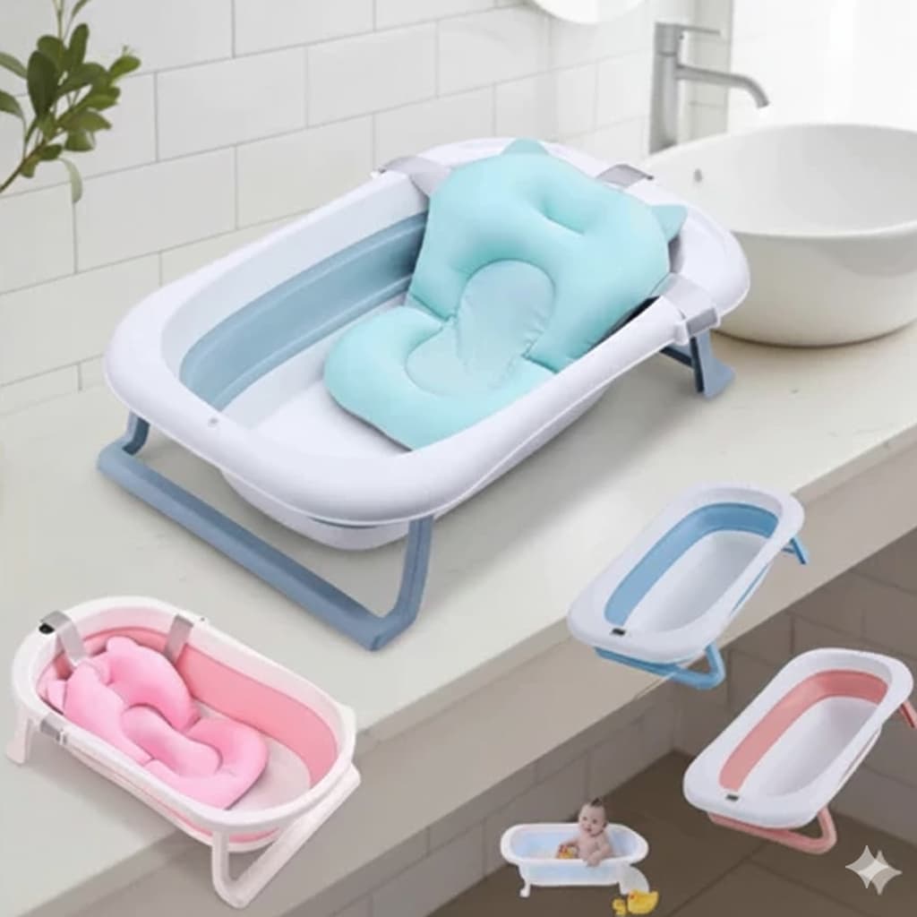 Kit Conjunto Banheira 30 Litros Dobrável + Almofada de Banho Infantil Confortável Segura Portátil ref: J007
