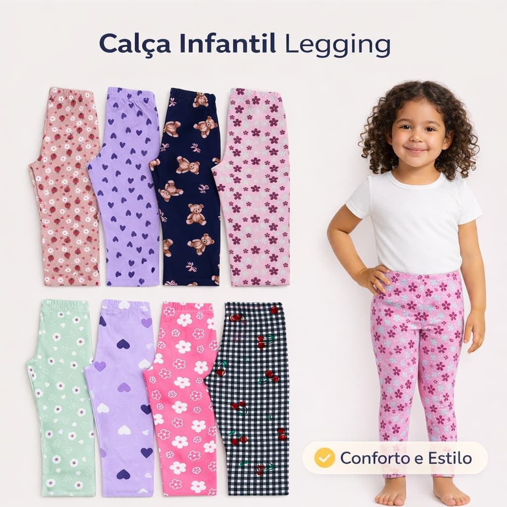 Kit 3 Legging Infantil Estampada Algodão Tamanhos 1 ao 10