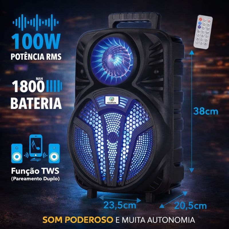 Caixa de Som Bluetooth Portátil LED 1800 mah de Bateria Potencia 100W RMS Função TWS