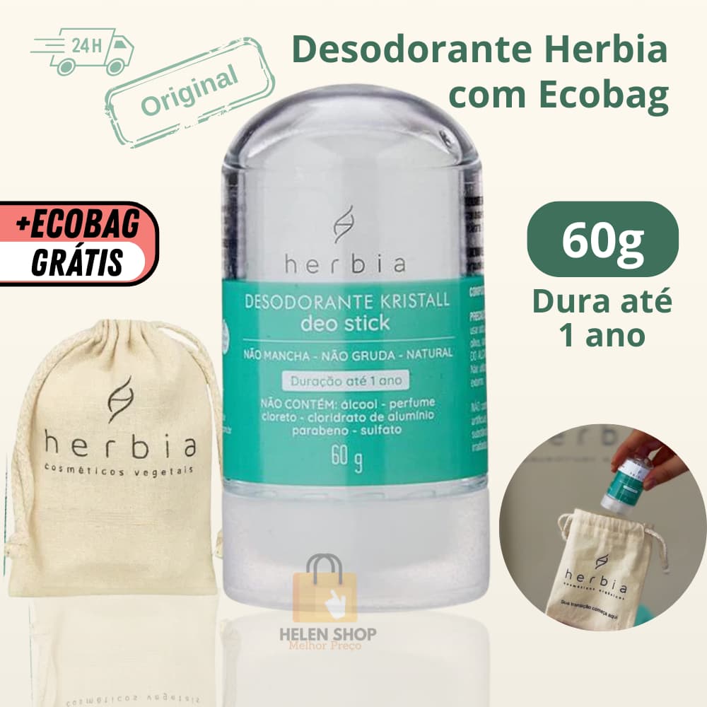 Desodorante Cristal 60g + Ecobag Natural Stick pedra sal cheiro vegano Kristall Herbia axila