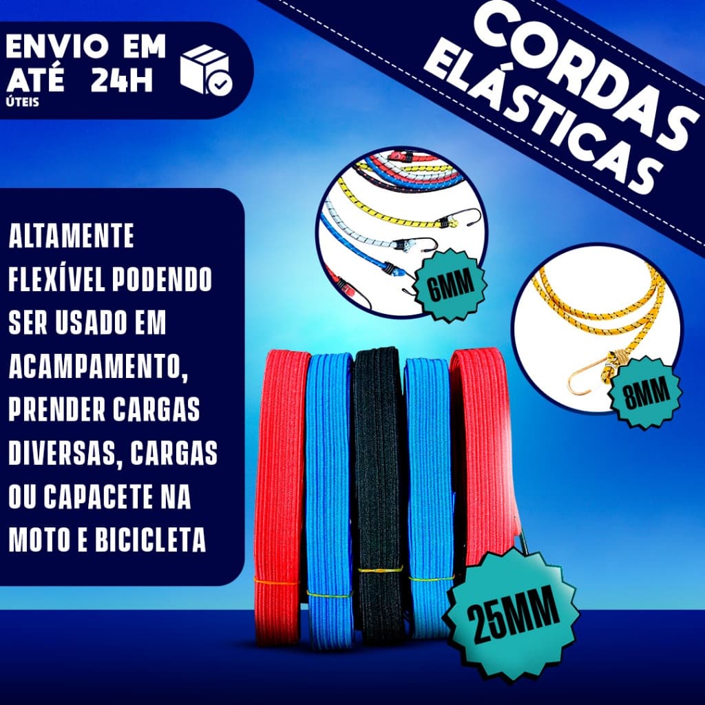 Corda Elástica Para Bagageiro Cordas de 1,50mtx25mm/8mm/6mm P/ Moto ou Bike Resistente Estique