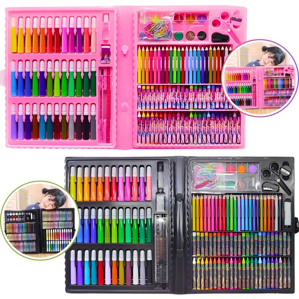Maleta de pintura Estojo Infantil 150 peças Masculino Feminino Escolar Lápis Canetinha Completo