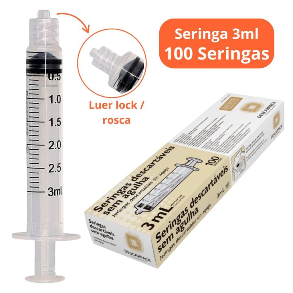 100un Seringa 3ml Bico Rosca Luer Lock Descartável Marca Descarpack