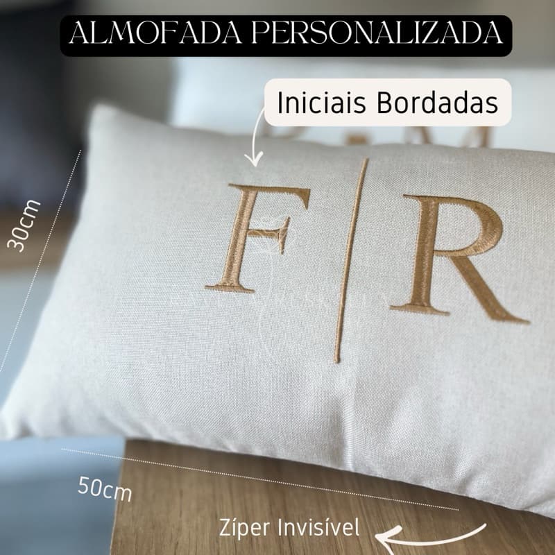 Almofada Iniciais Bordadas Personalizadas Com Enchimento Fibra Siliconada Baguete Linho Veludo