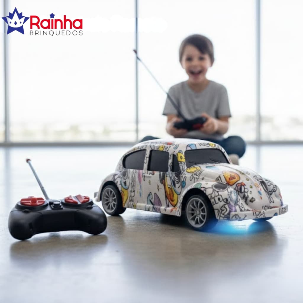 Carrinho Fusca Controle Remoto  Infantil Luz e Movimento Brinquedo Fusca Retrô Resistente