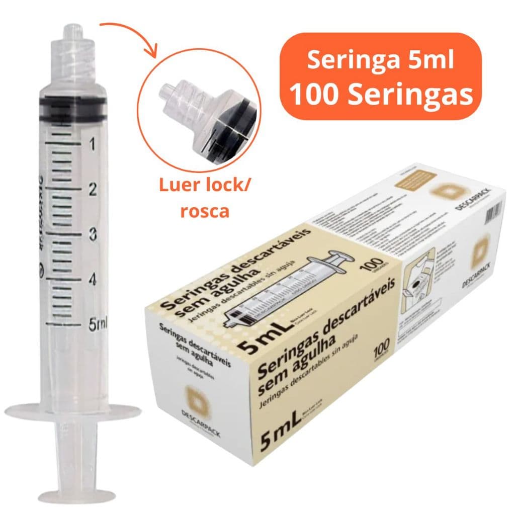 100un Seringa 5ml Bico Rosca Luer Lock Descartável Marca Descarpack
