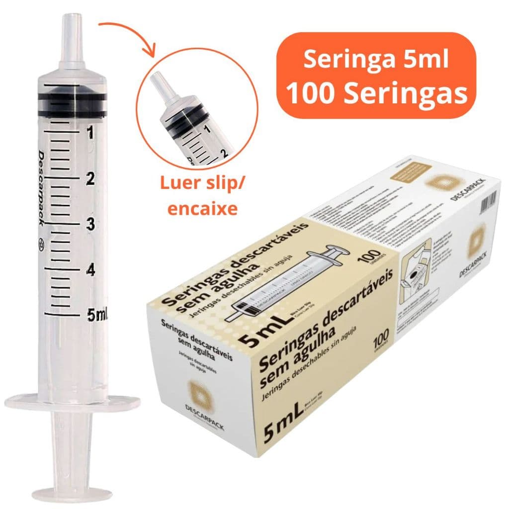 100un Seringa 5ml Bico Encaixe Luer Slip Descartável Marca Descarpack
