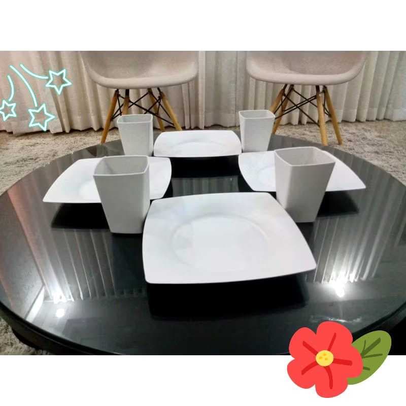 Prato refeição + Copo Quadrado; Kit 4,6,8,10,12,16 ou 20 un.(Plástico). Evento/Festa/Almoço/Jantar