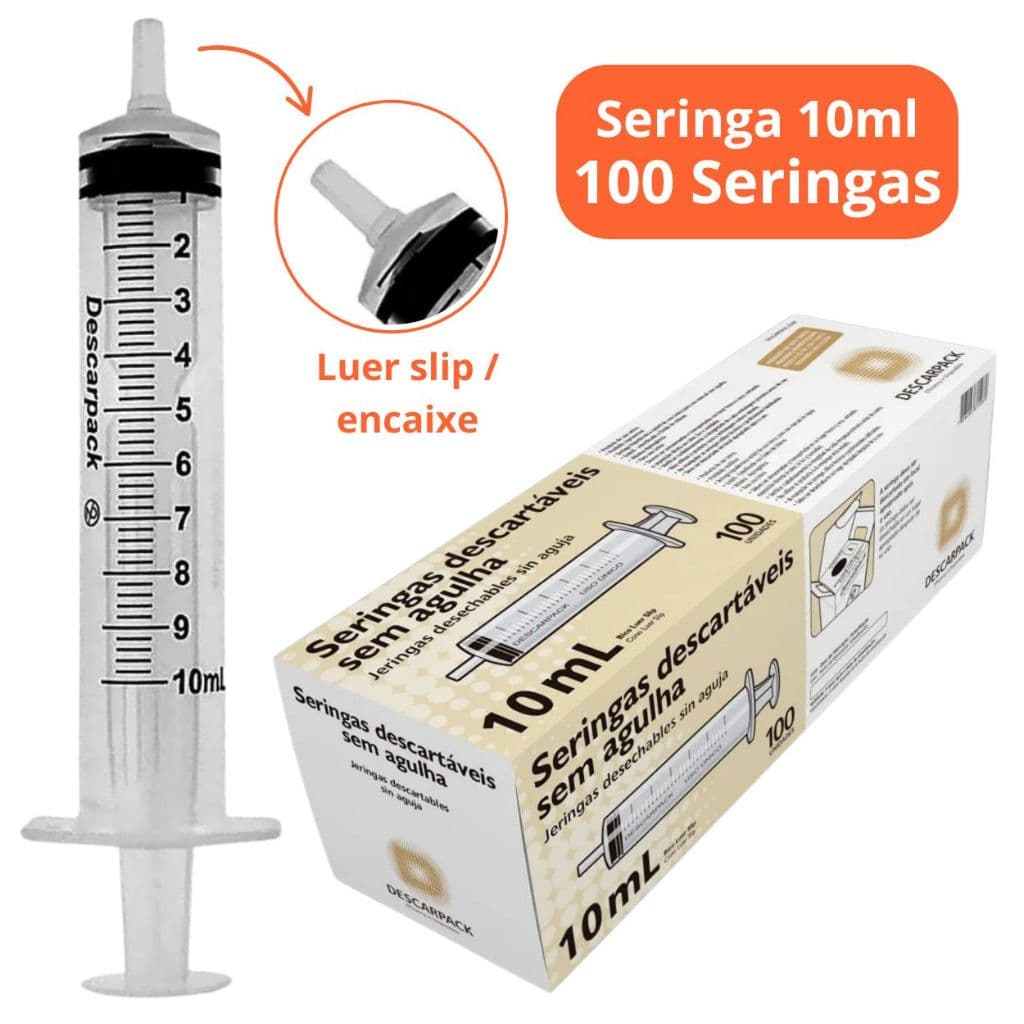 100un Seringa 10ml Bico Encaixe Luer Slip Descartável Marca Descarpack