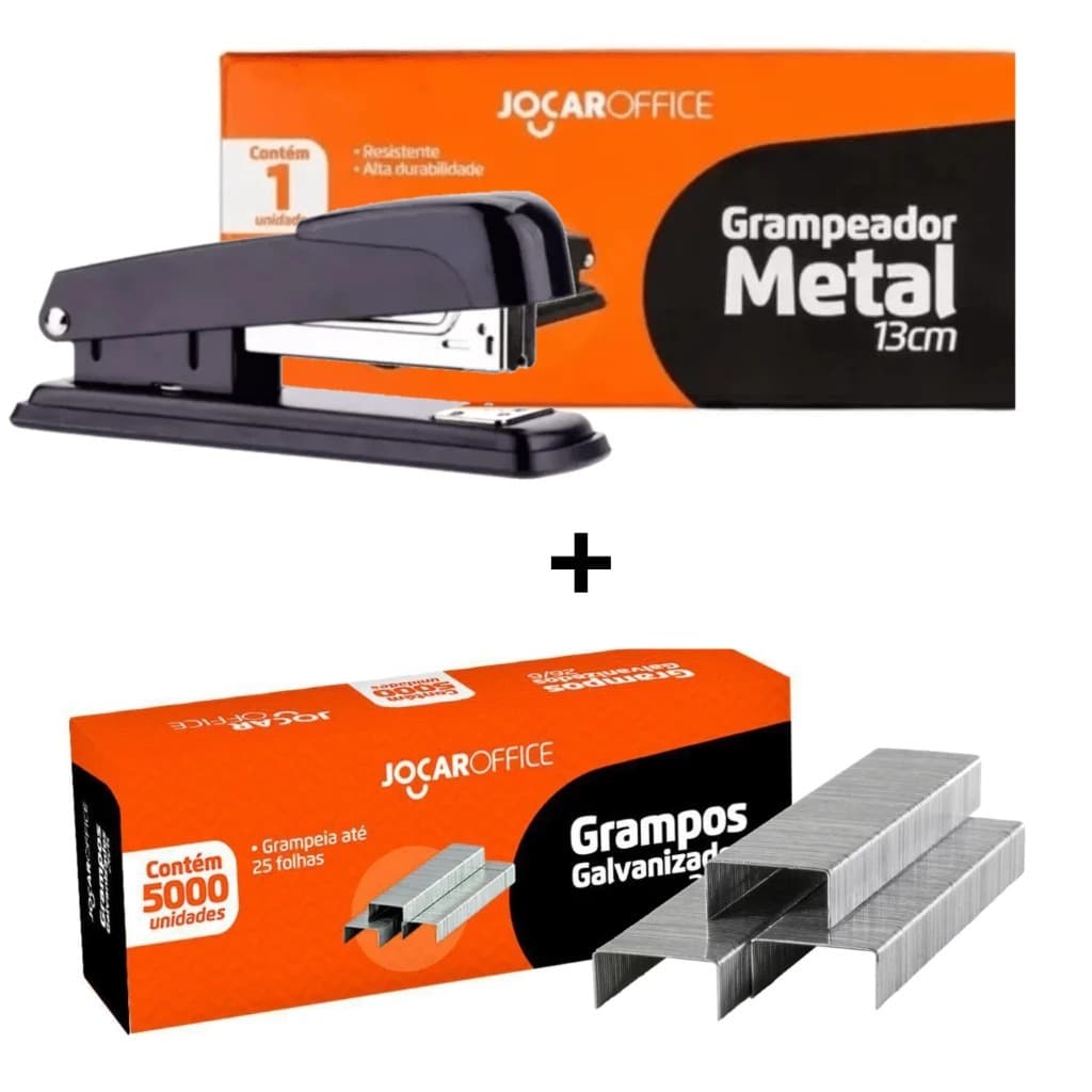 Kit Grampeador 13cm+ 5000 Grampos Galvanizado 26/6 Jocar Office escritório casa escola