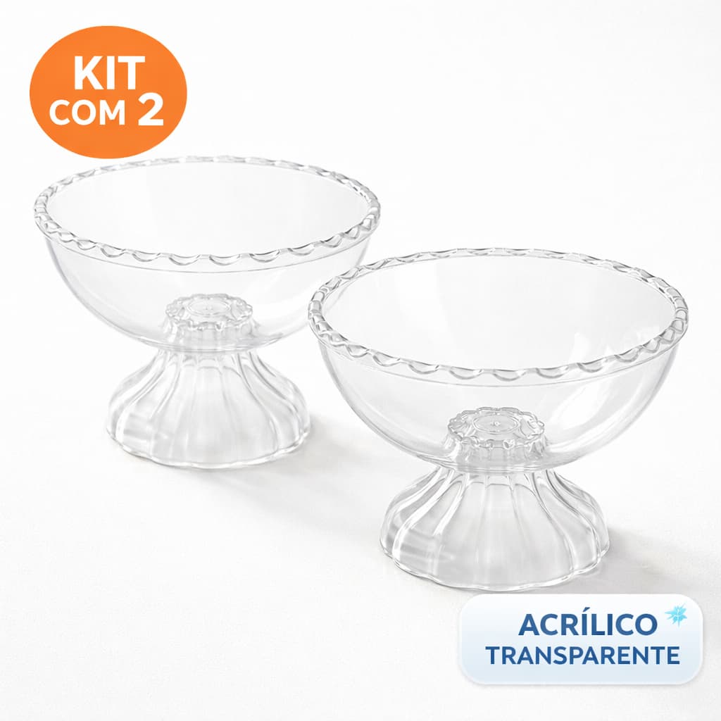 Kit 2 Taças Sobremesa Acrílico Transparente Com Pé Borda Ondulada Tigela