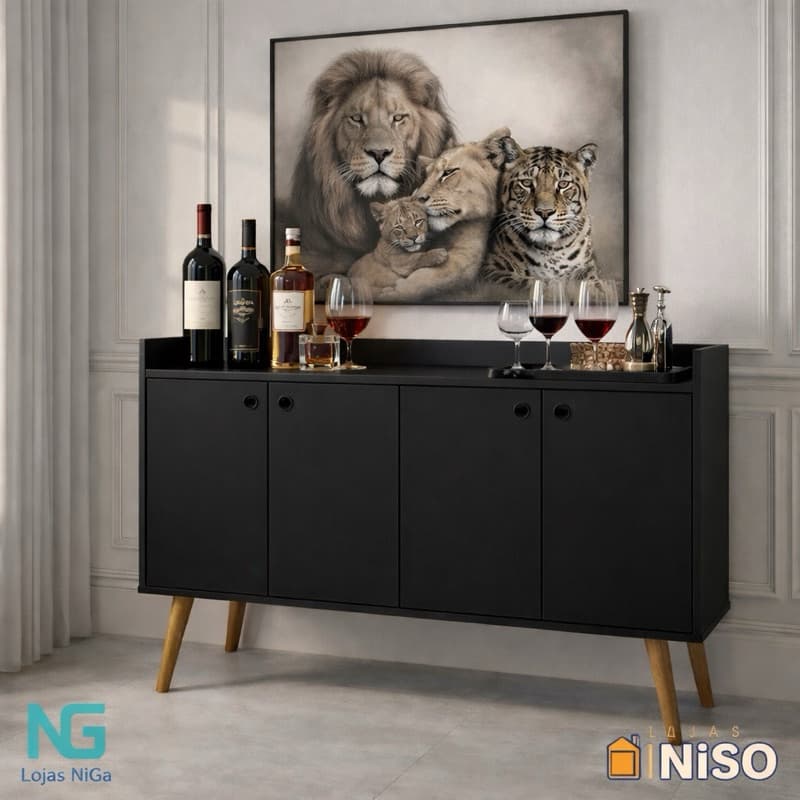 Buffet Aparador para Sala 4 Portas Bancada Cantinho do Café / Sala de Estar Barzinho Organizador Balcão Dallas Wood