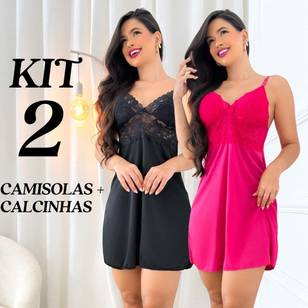 Kit 2 Camisola Com Renda Feminina + Calcinha Fio / Pijama Renda Luxo - Baby Doll Sensual