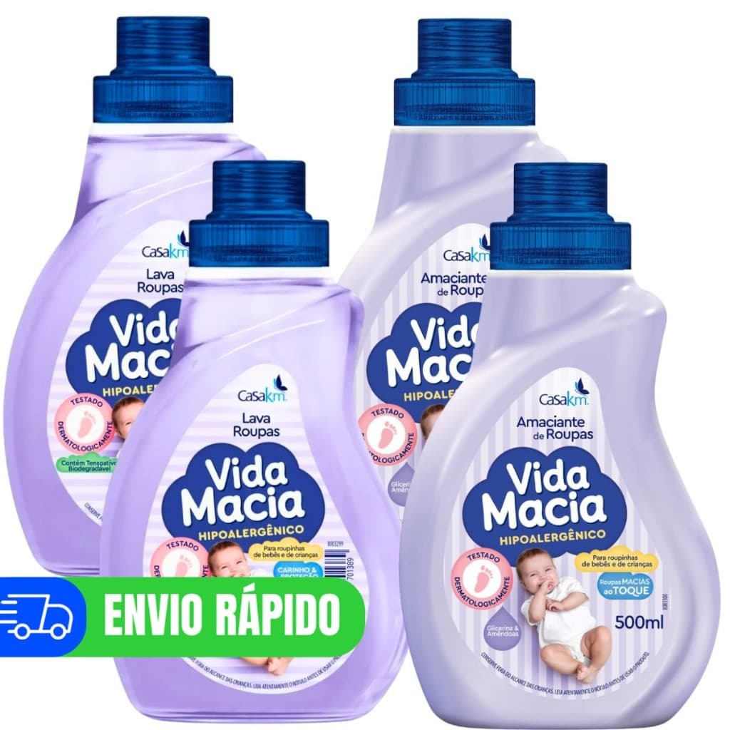 Kit 2 Lava Roupas Líquido E Amaciante Bebê Vida Macia 500ml