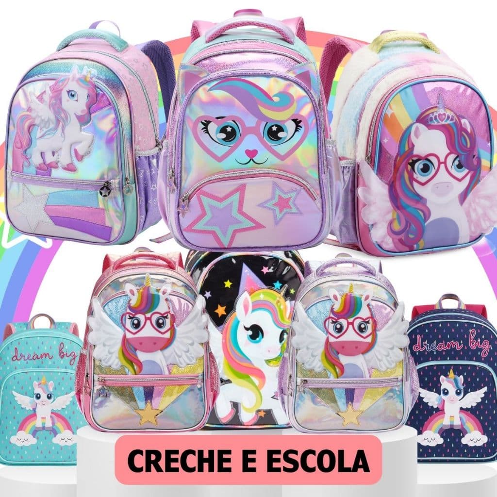 Mochila Infantil Escolar Criança Mini e Grande Menina Unicórnio Reforçada Brilhante Asas 3D Costas