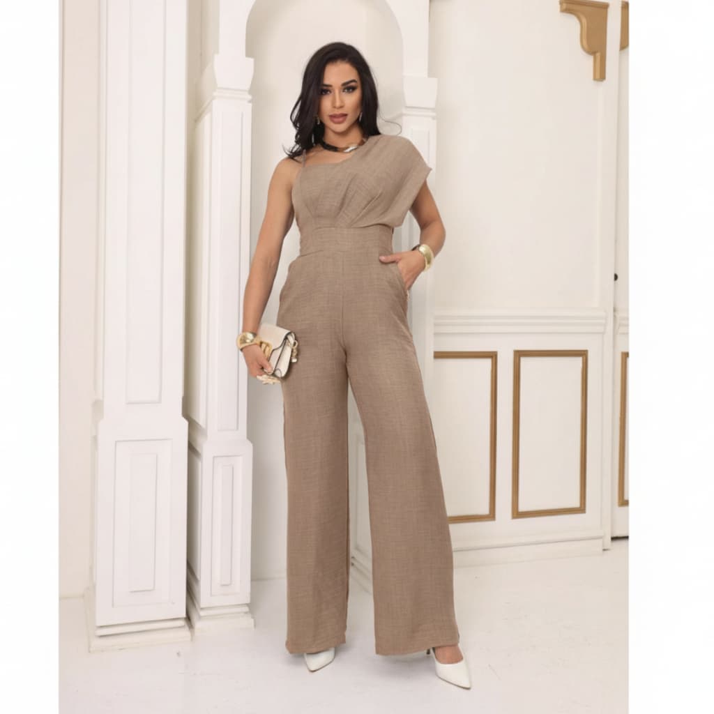 Macacao femenino Longo Pantalona Elegante luxo drapeado no ombro