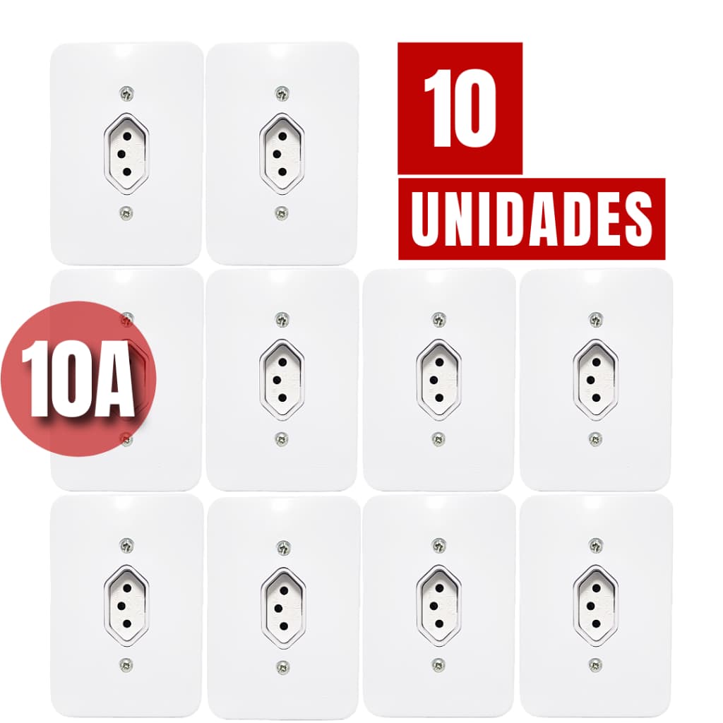 Kit 10un Tomada 10 amperes De Parede Simples Completa Bivolt