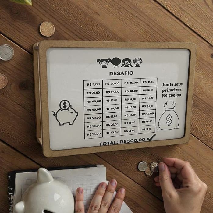 Cofre Educativo Desafio do Dinheiro – Metas R$100, R$500, R$1.000 e R$1.500 valores adesivados