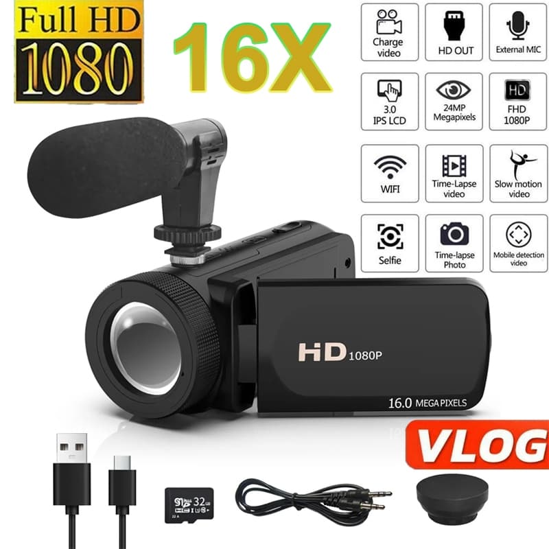 1080 P HD 16X Zoom Câmera De Vídeo Digital DV Profissional Handheld Microfone Para Camcorder Com Sd 32gb