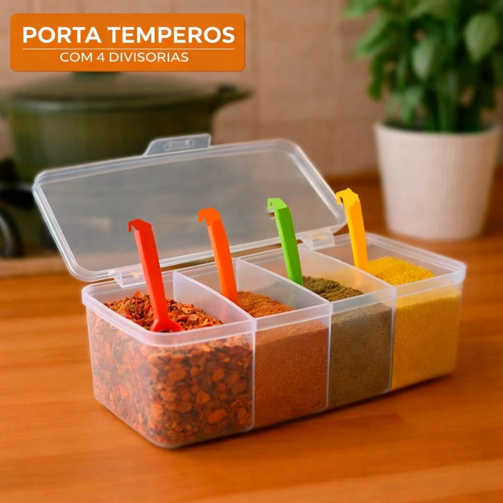 Porta tempero pote 4 divisorias porta condimentos 4 conchas colher medidora organizador tempero chás