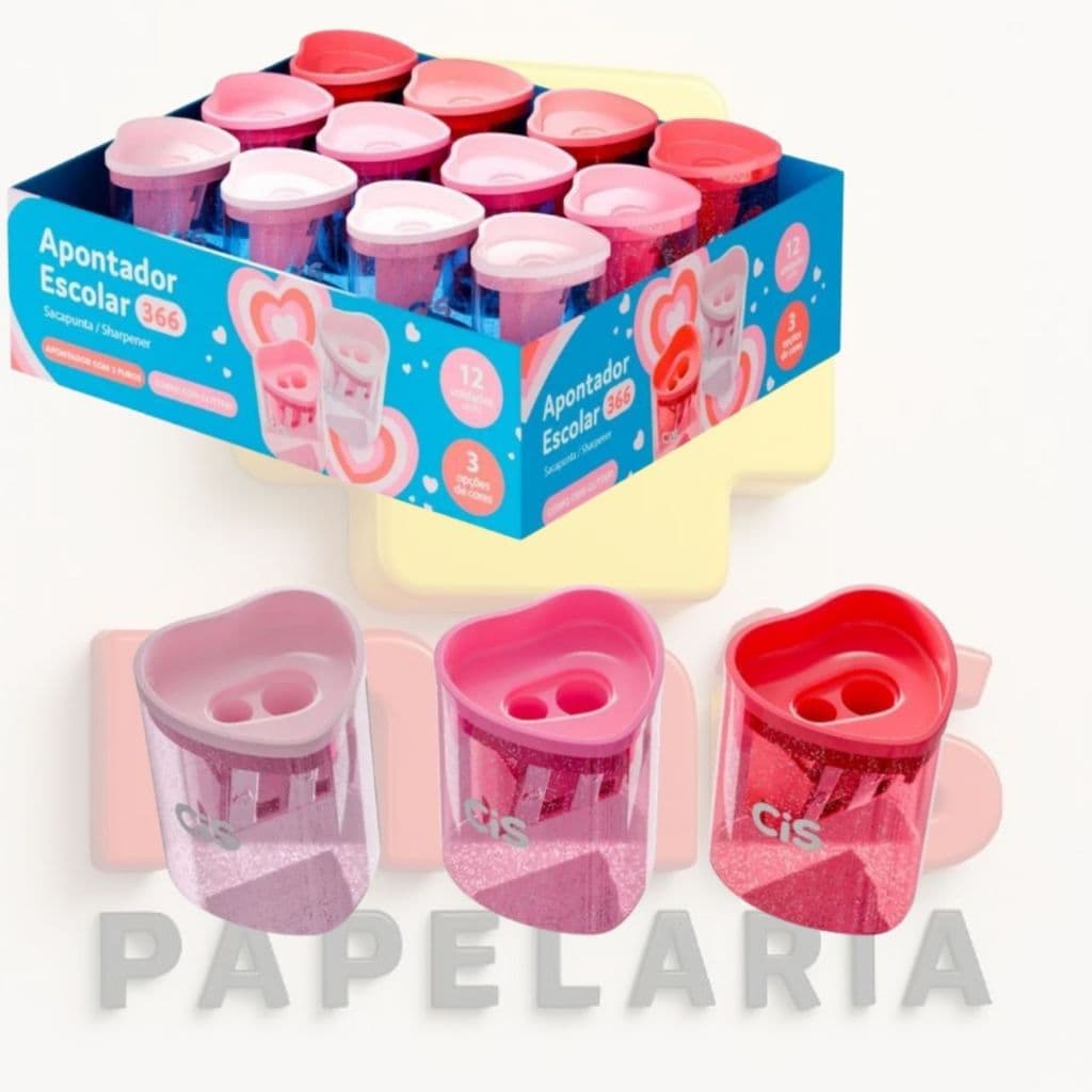 Apontador Duplo Glitter Cis 366 Escolar Formato Coração 3 Opções de Cores