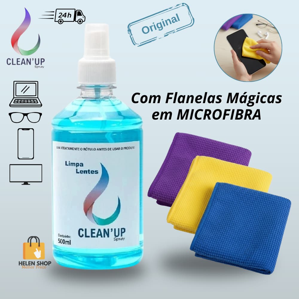 Limpa lentes 500ml + Flanelas Mágicas Microfibra para Óculos Tela de celular tv notebook clean up