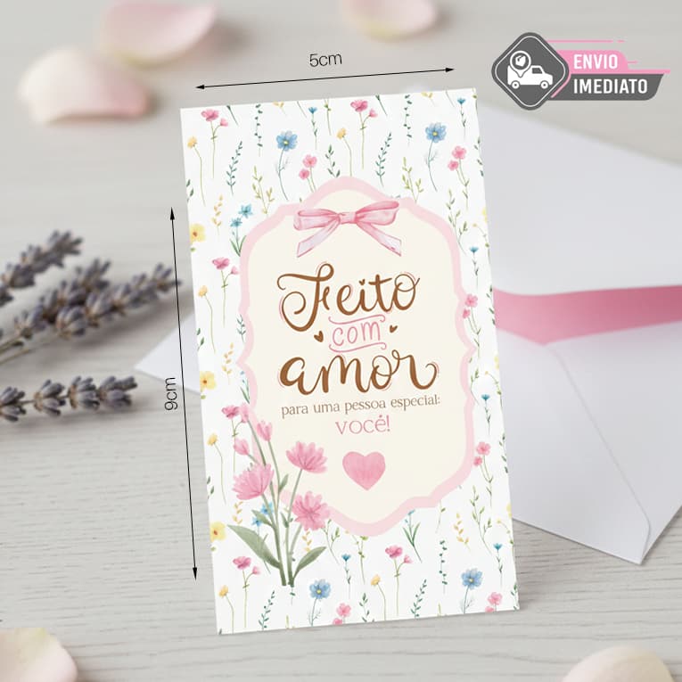 Kit Cartão de Agradecimento Feito com Amor 5x9cm - Tags para Embalagens Cliente Artesanato Presentes